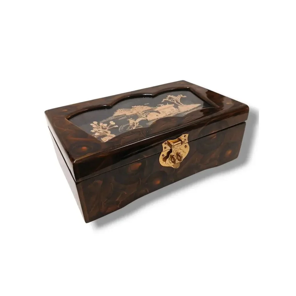 Chinese Carved Cork‎ Mohagany Lacquered Jewelry Box Satin Ring Slots Organizer